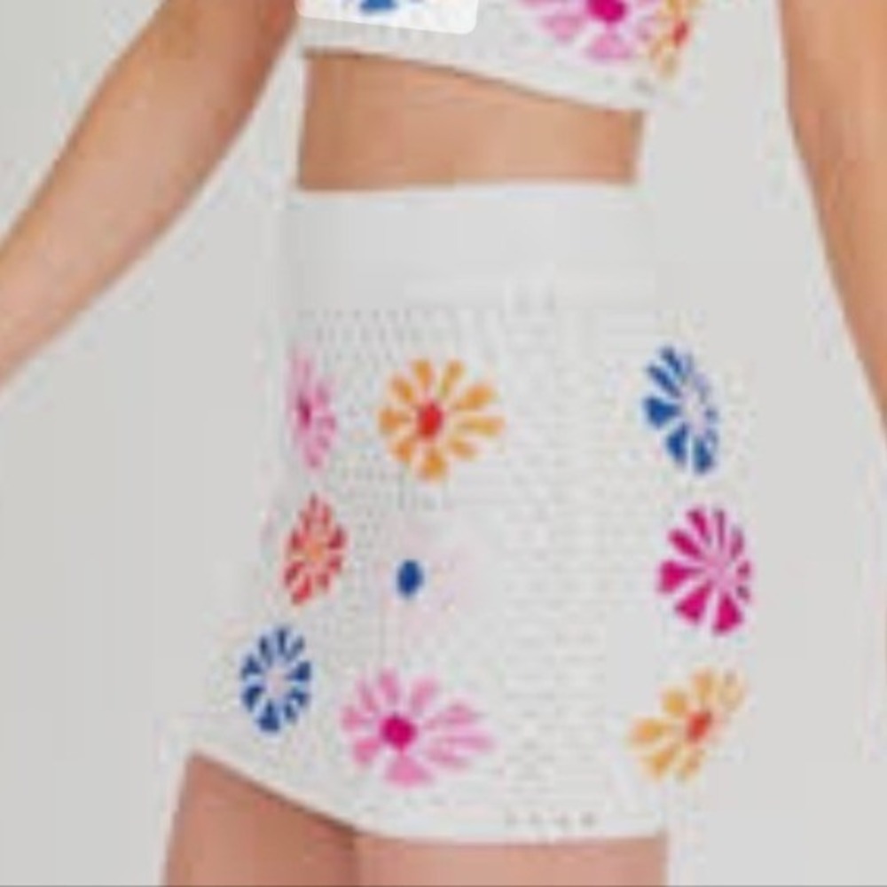 Altar'd State Crochet Mini Skirt Ivory Multi Floral‎ Knit Boho Small NEW $60
